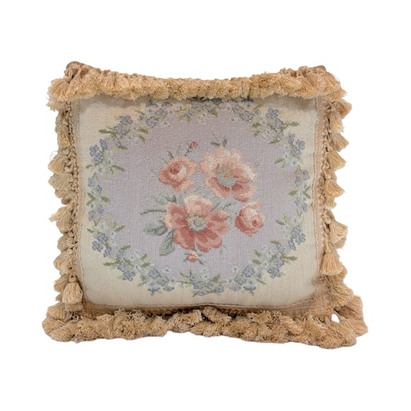 Vintage Floral Tapestry Accent Pillow Down Filled with Tassels - Picture 1 of 6